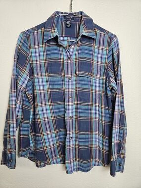 Chaps Women's Petite Plaid Button Down Shirt PM Blue Teal Purple Cotton
